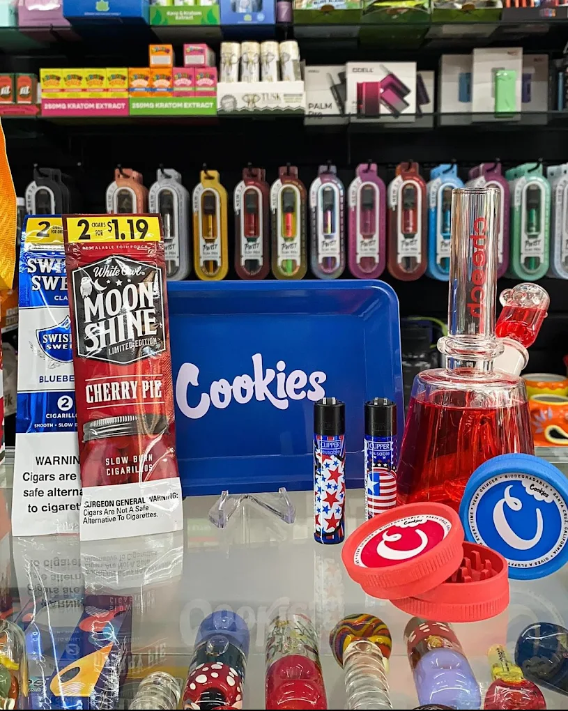 Cloud Factory vape and smoke product display with disposable vapes and accessories